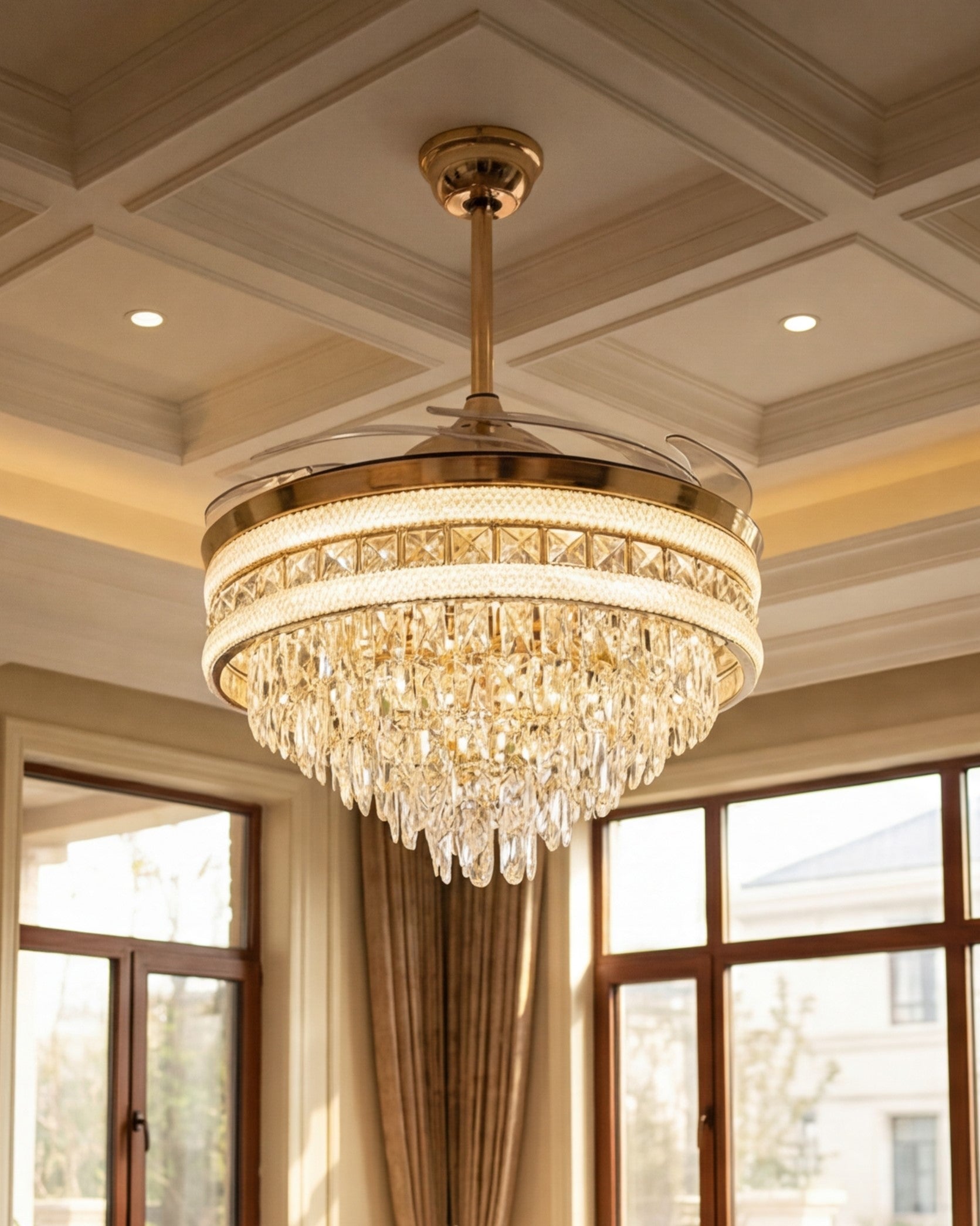 Retractable crystal fan chandelier with LED lighting 