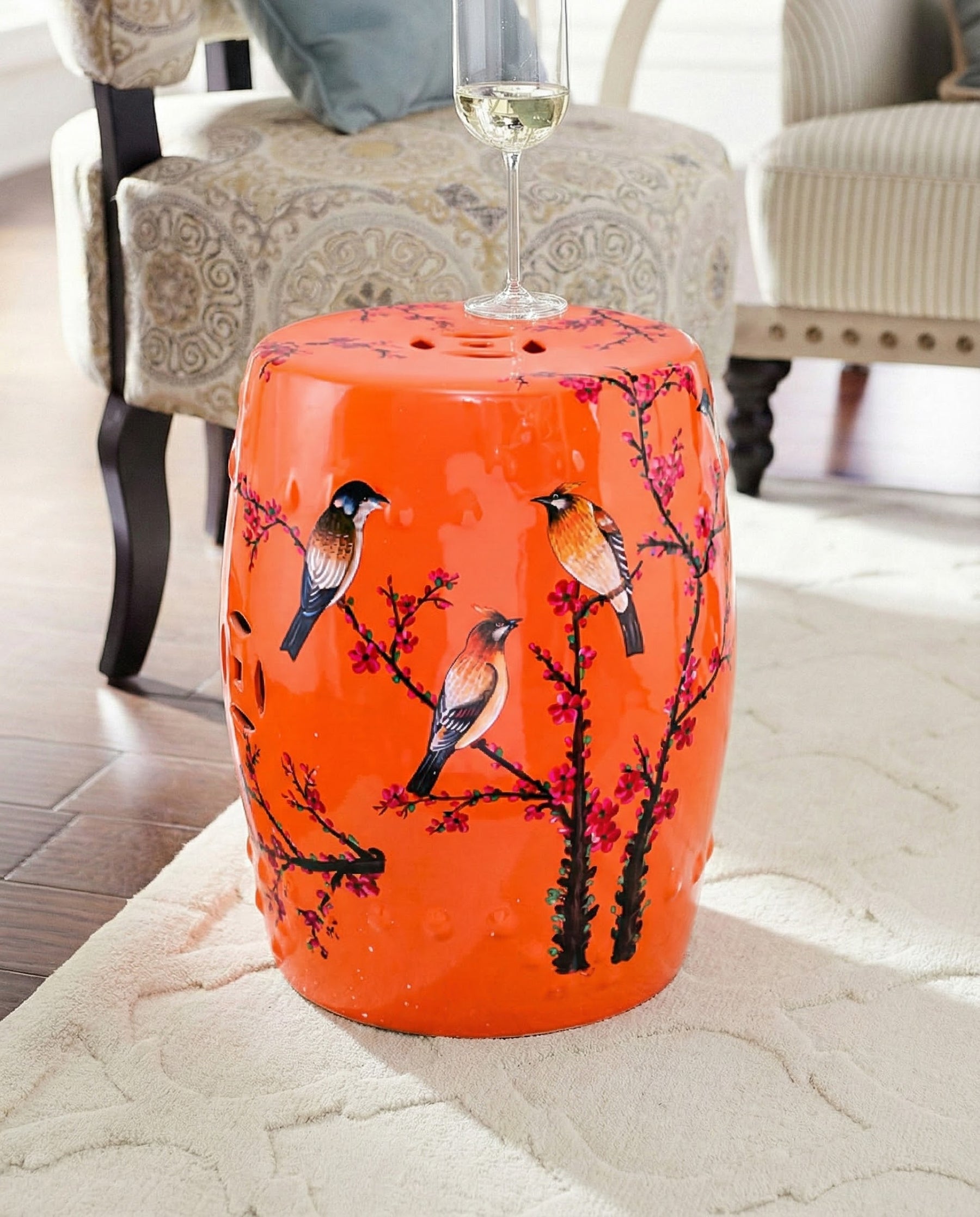 Tangerine Blossom Bird Garden Stool 