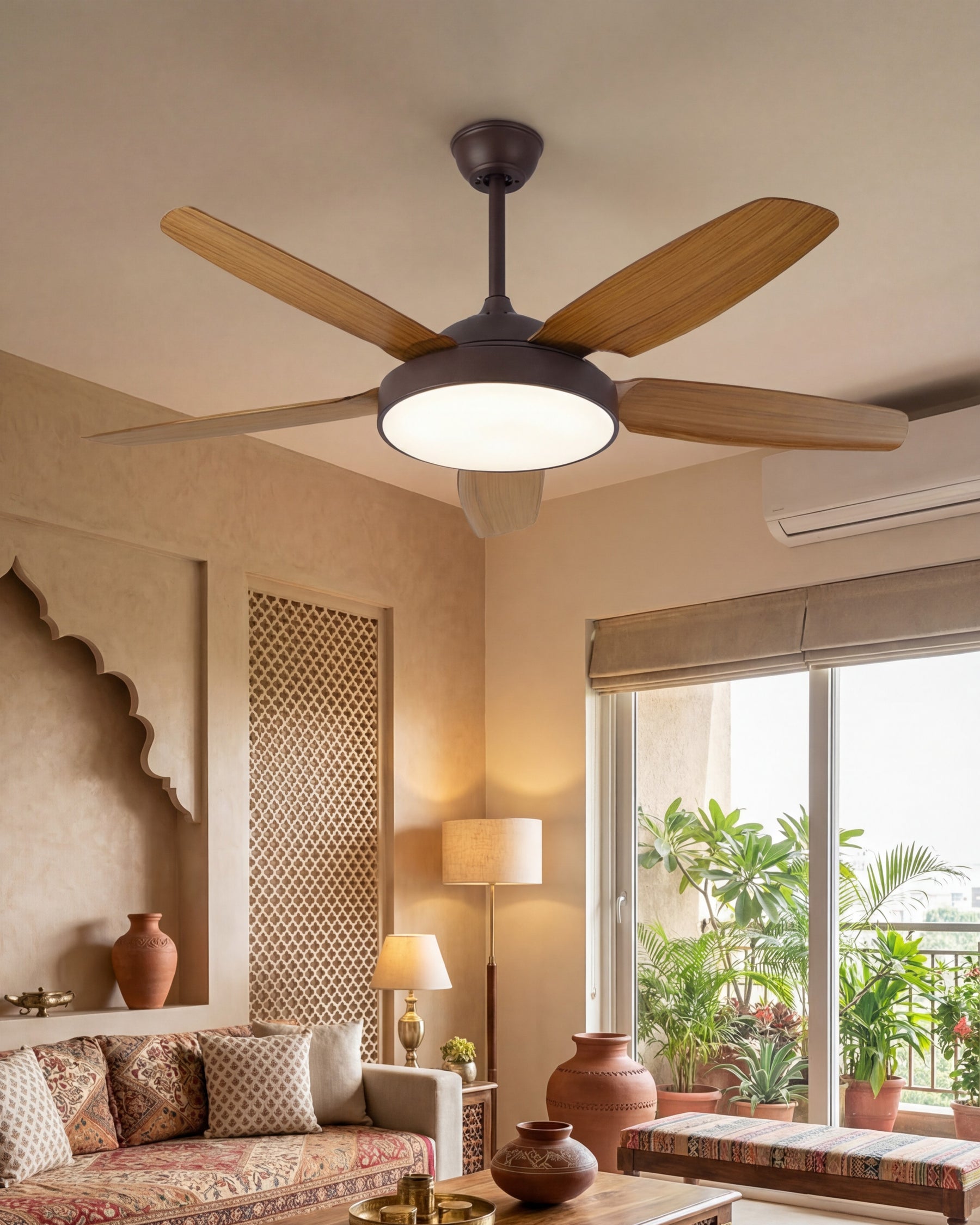 Wooden Blade Ceiling Fan + Chandelier Light (with Remote Control) 