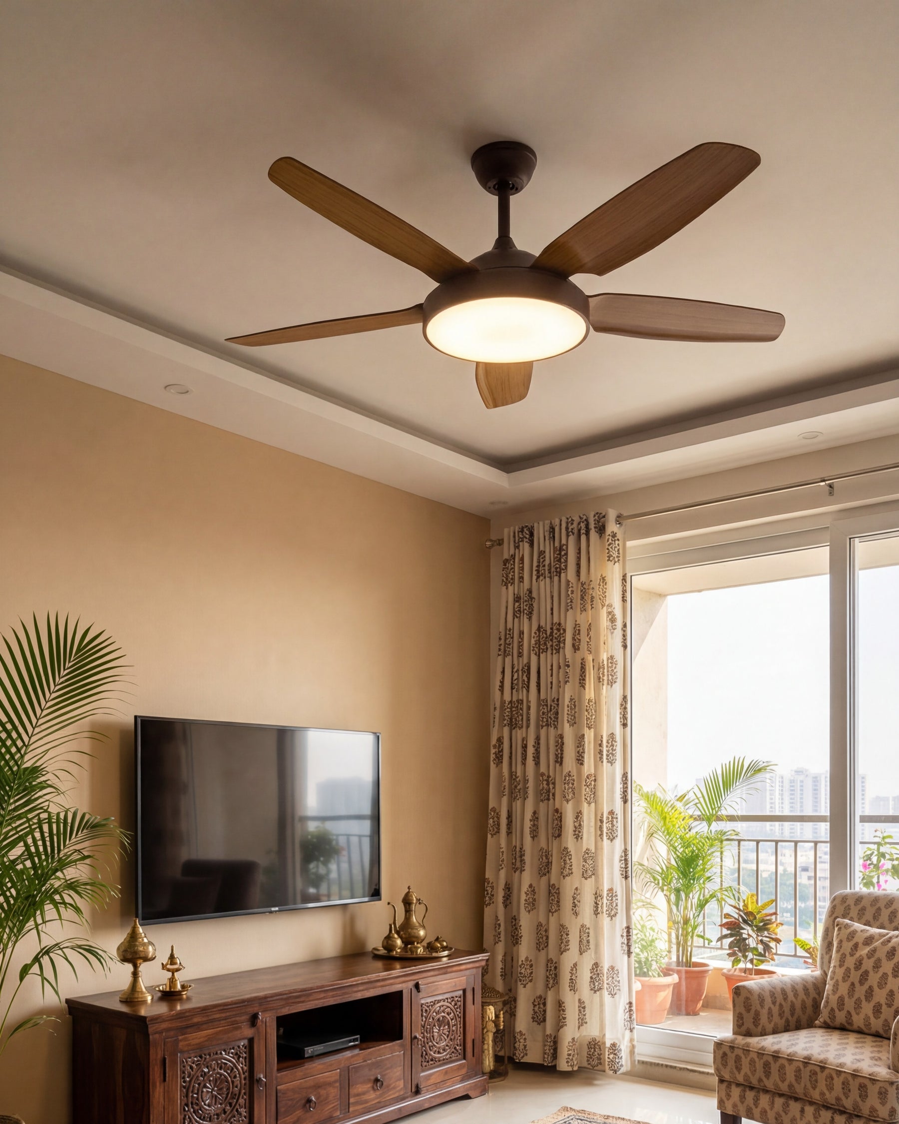Wooden Blade Ceiling Fan + Chandelier Light (with Remote Control) 