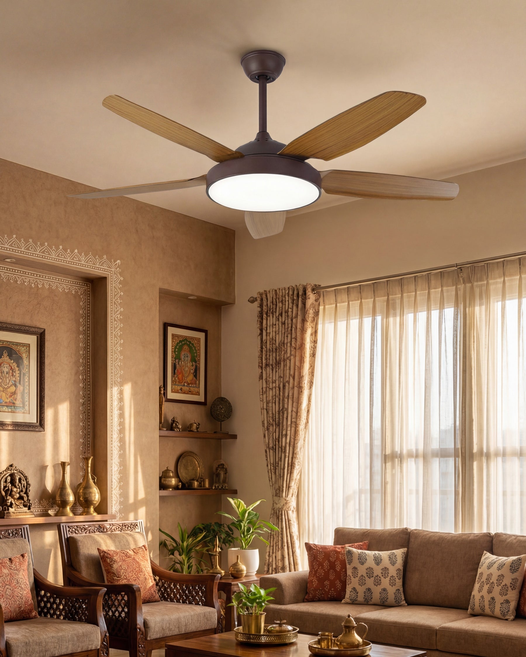 Wooden Blade Ceiling Fan + Chandelier Light (with Remote Control) 