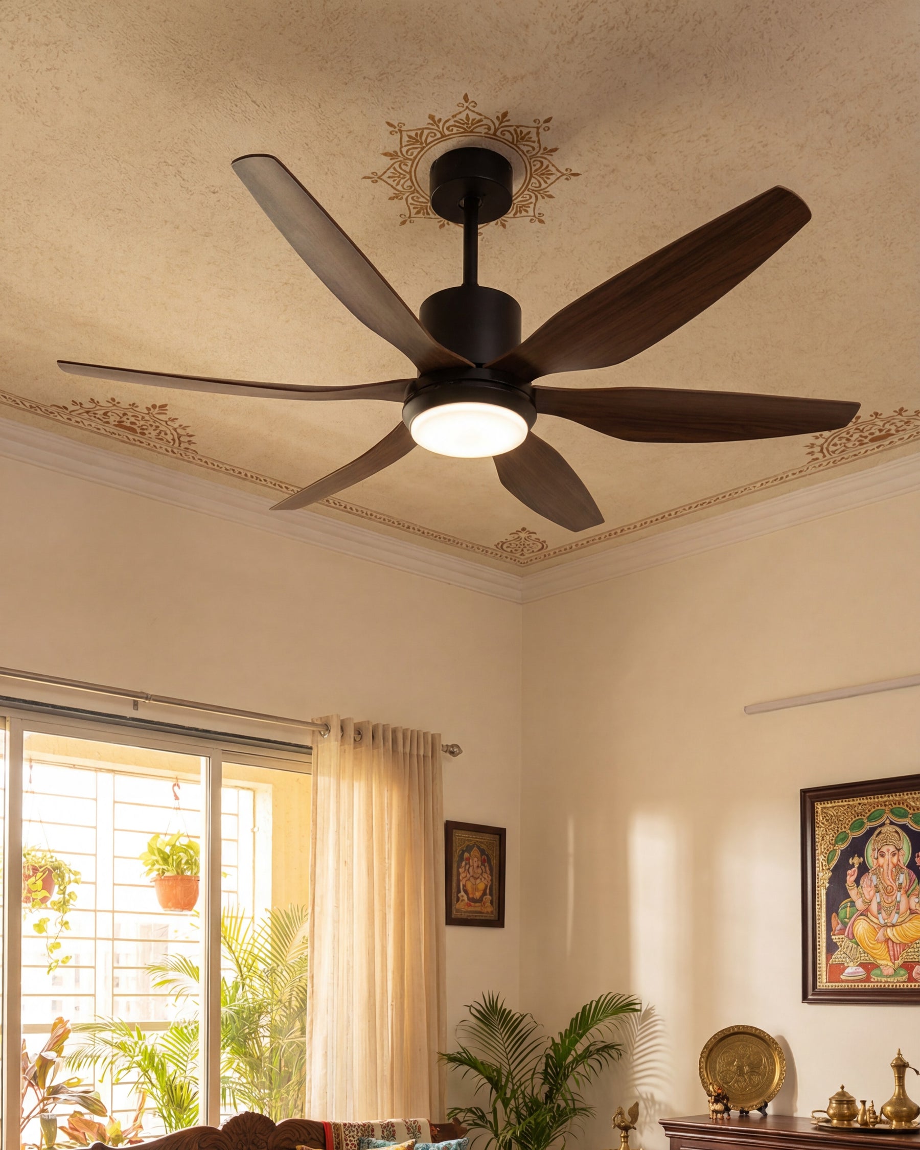 Sleek Wooden Ceiling Fan + Chandelier Light (with Remote Control) 