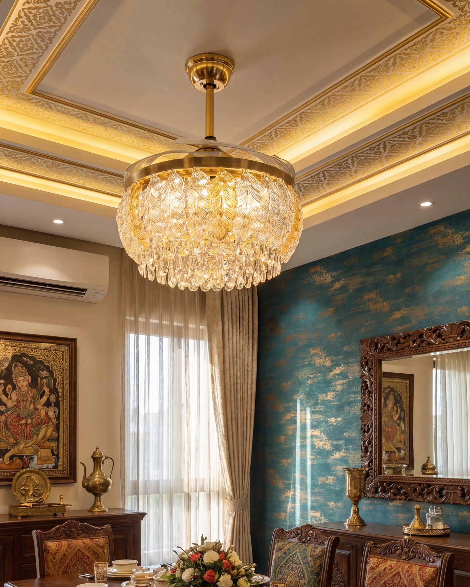 Crystal Leaf Retractable Ceiling Fan + Chandelier Light (with Remote Control) 