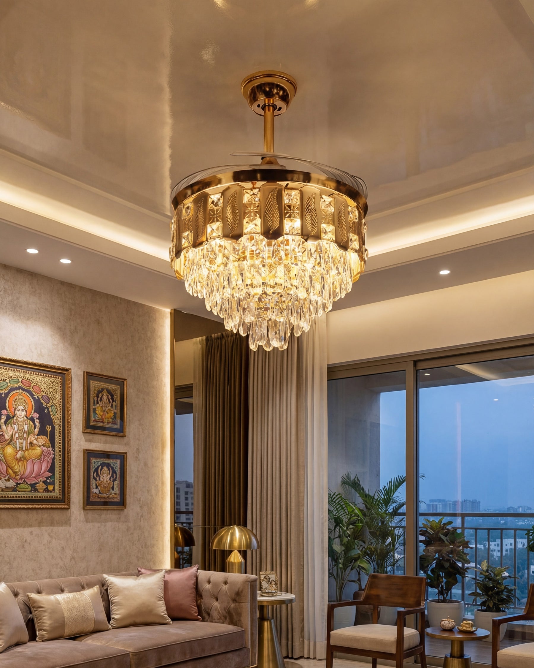 Gold Plated Retractable Ceiling Fan + Chandelier Light (with Remote Control) 