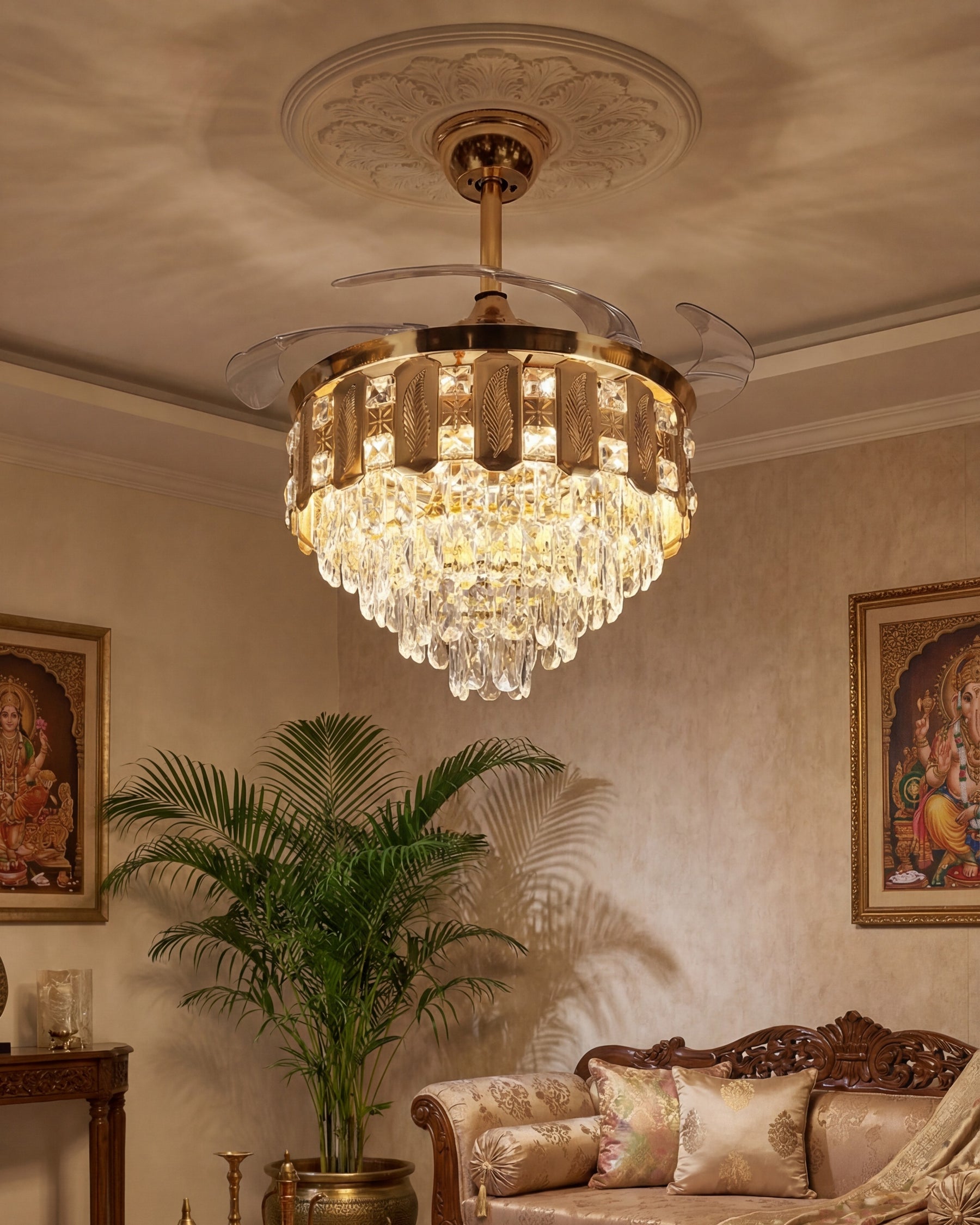 Gold Plated Retractable Ceiling Fan + Chandelier Light (with Remote Control) 
