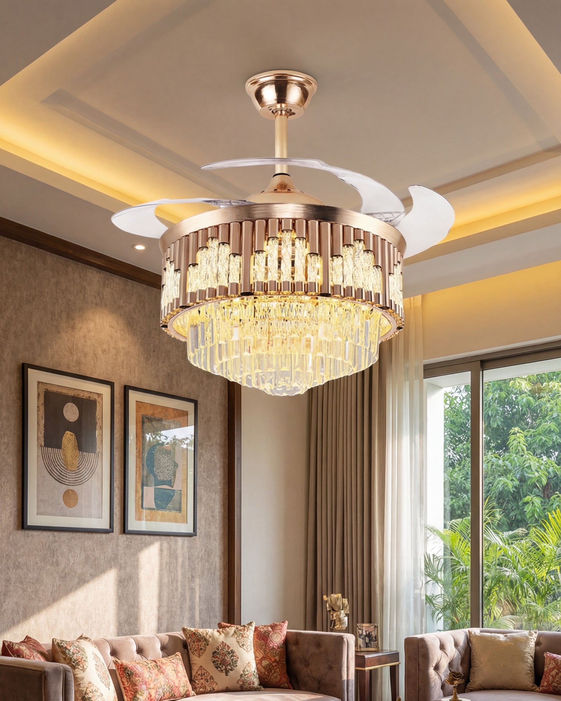 Crystal Luxe Retractable Fan Chandelier 
