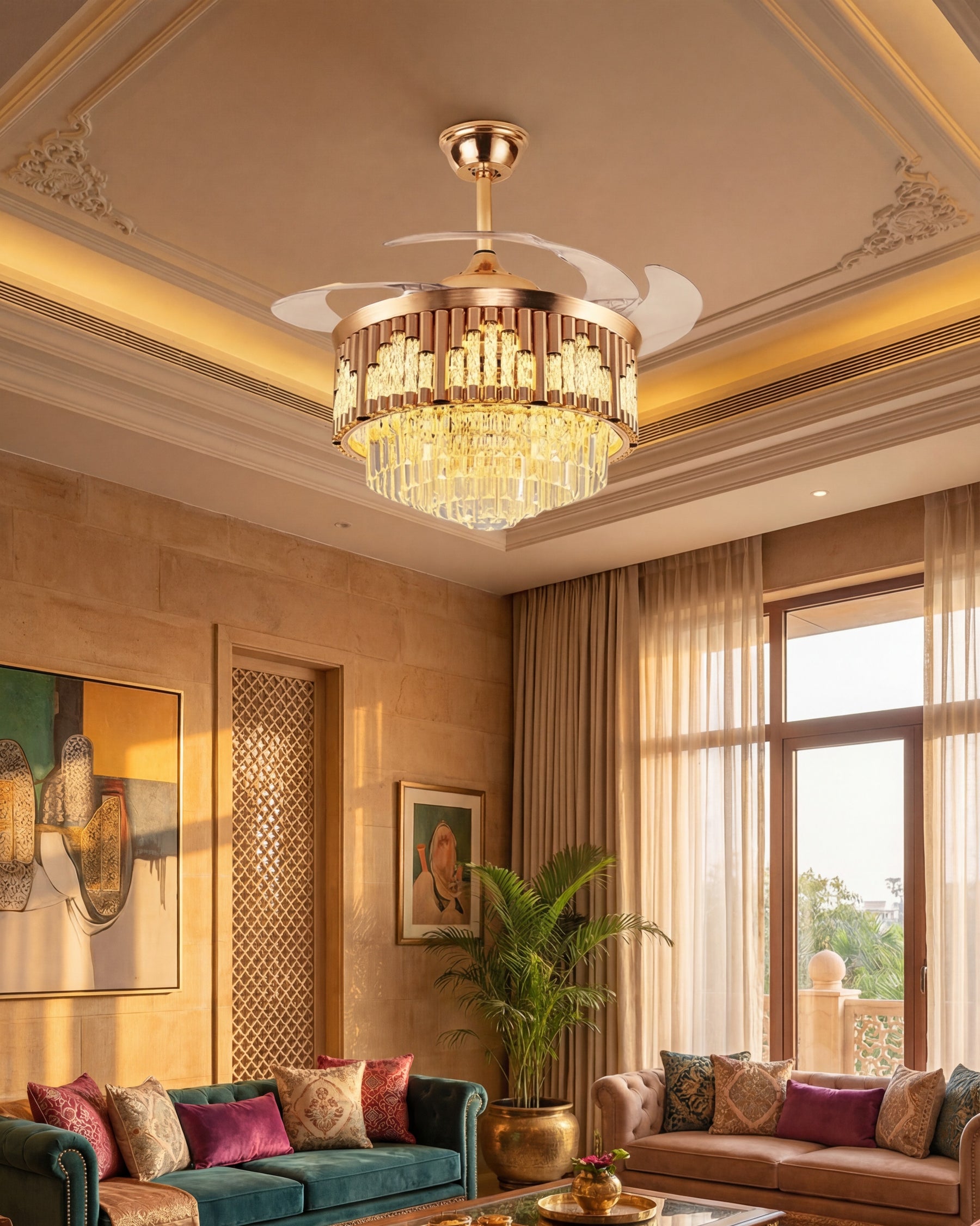 Crystal Luxe Retractable Fan Chandelier 