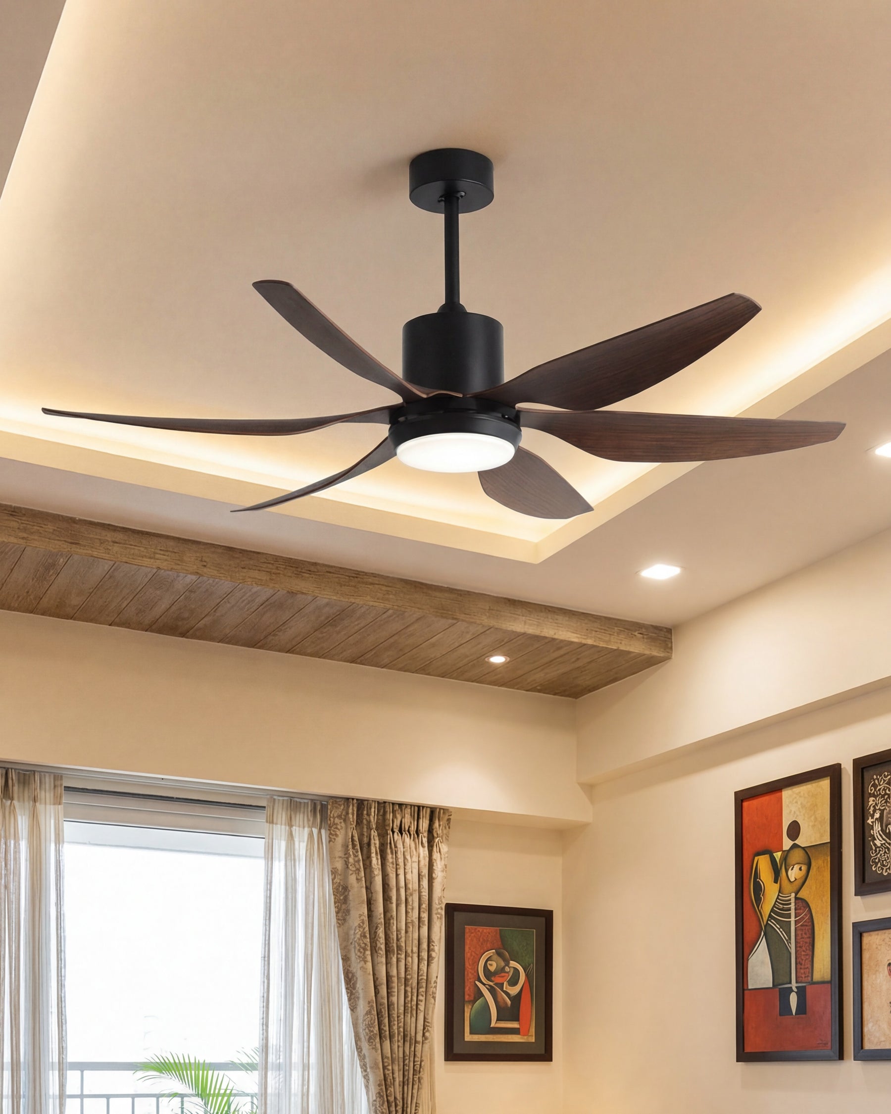 Sleek Wooden Ceiling Fan + Chandelier Light (with Remote Control) 