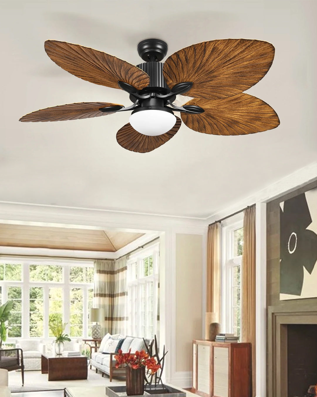 Tropical palm leaf ceiling fan light for modern home interiors