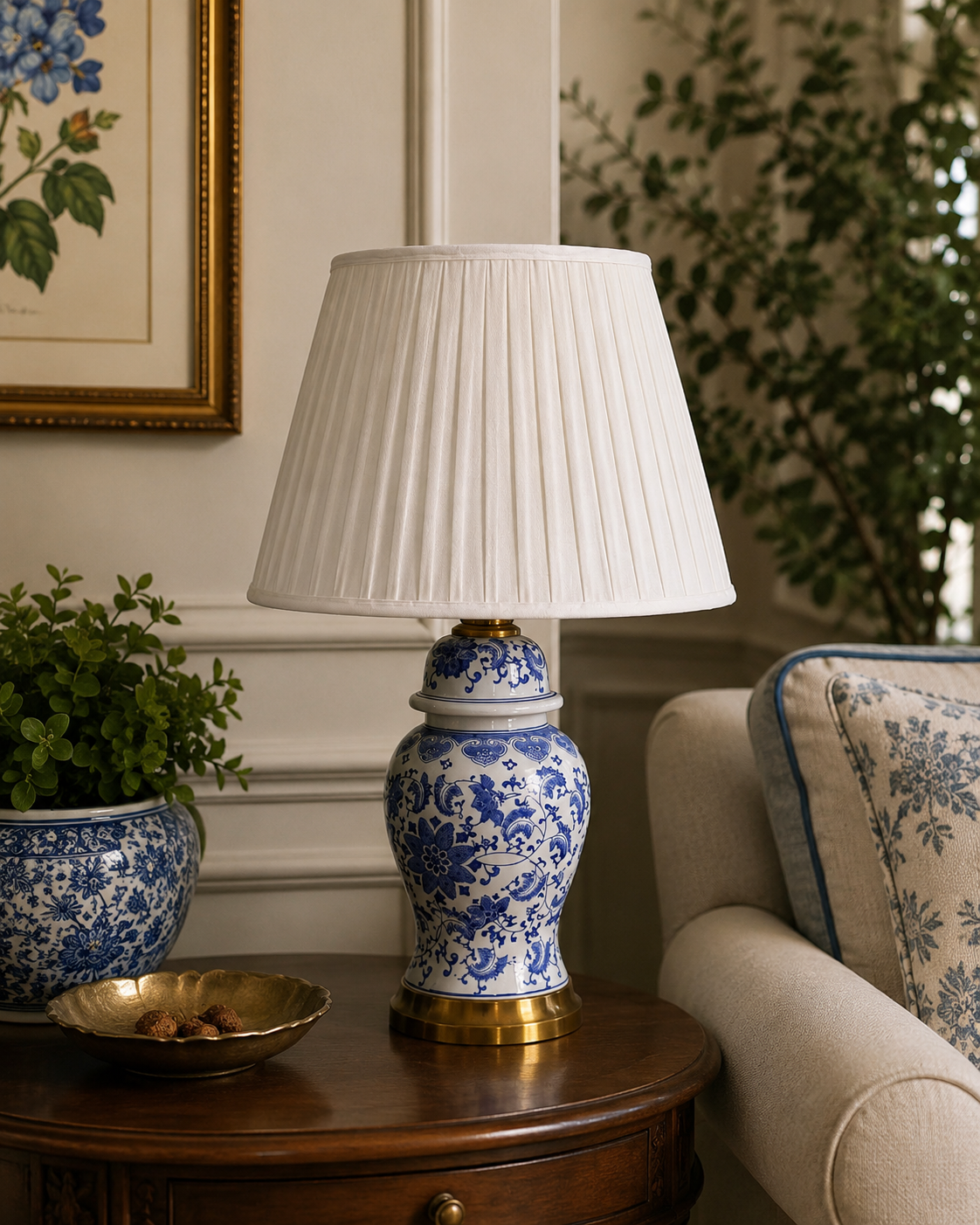 Cobalt Blue Floral and Vine Motif Table Lamp 