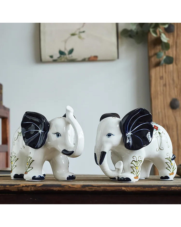 Blue & White Elephant Figurines - Set of 2
