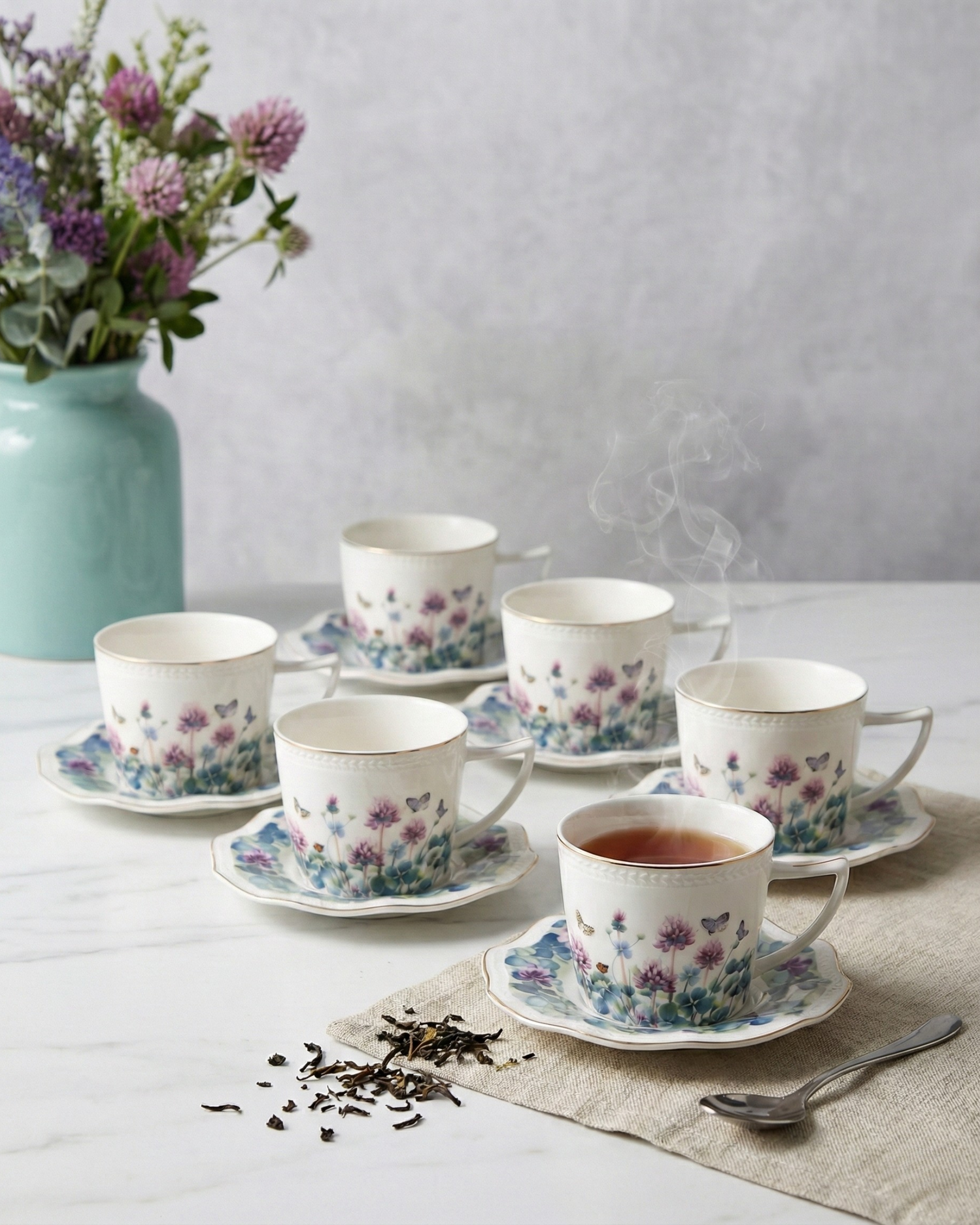 Blossom Meadow Tea Cup With Saucer - Set Of 6 