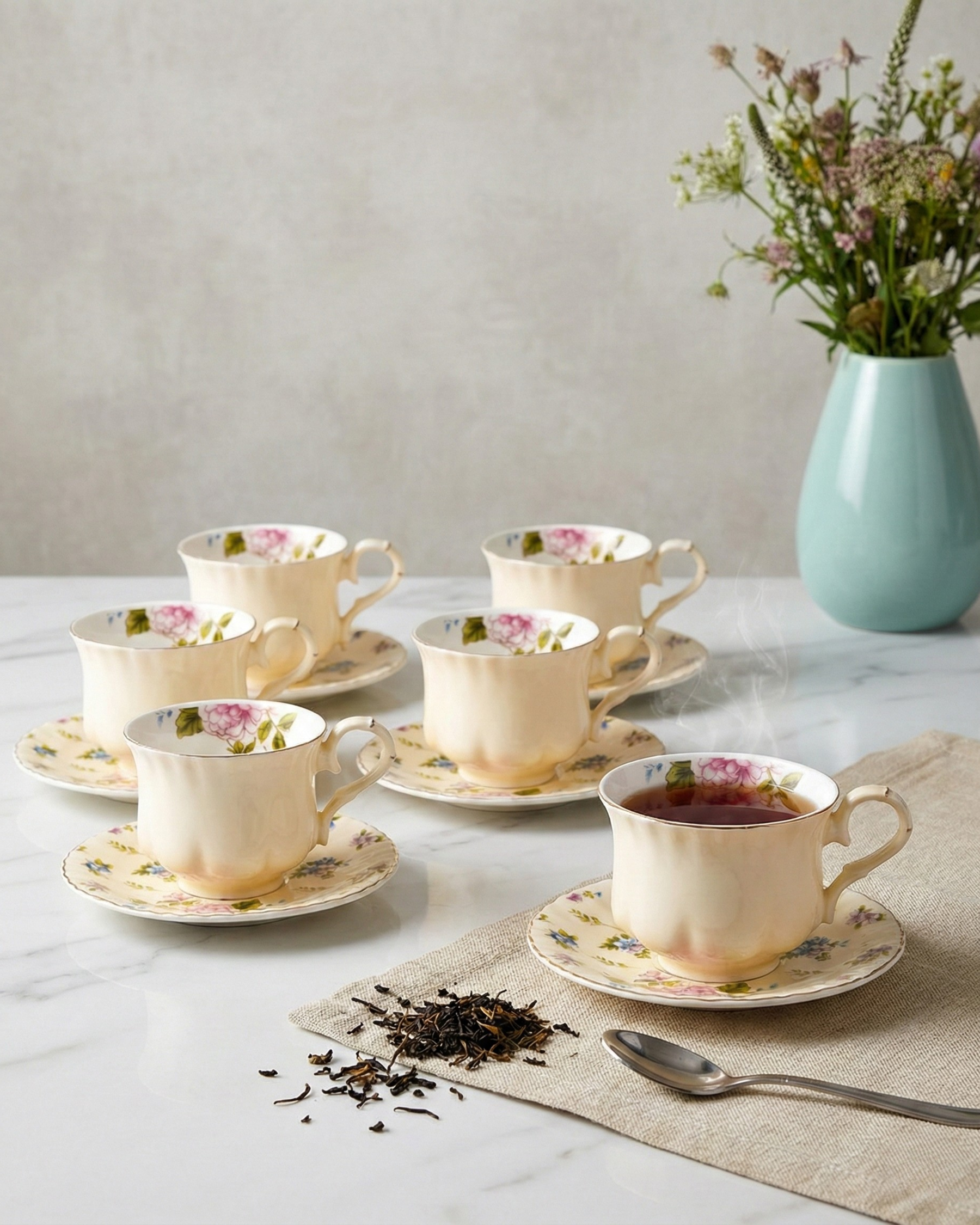 Pastel Blossom Tea Cup With Saucer - Set Of 6 