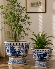 Oriental Blue & White Octagonal Planters - Set Of 2