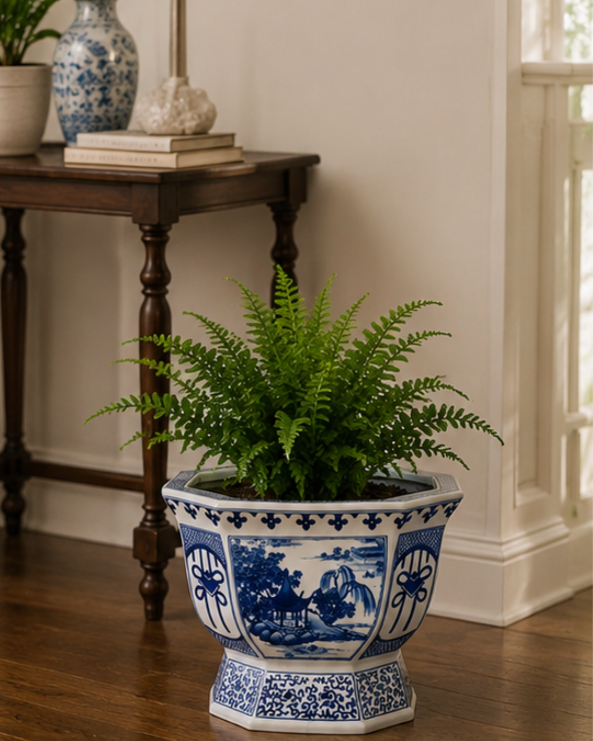 Oriental Blue & White Octagonal Planters - Set Of 2