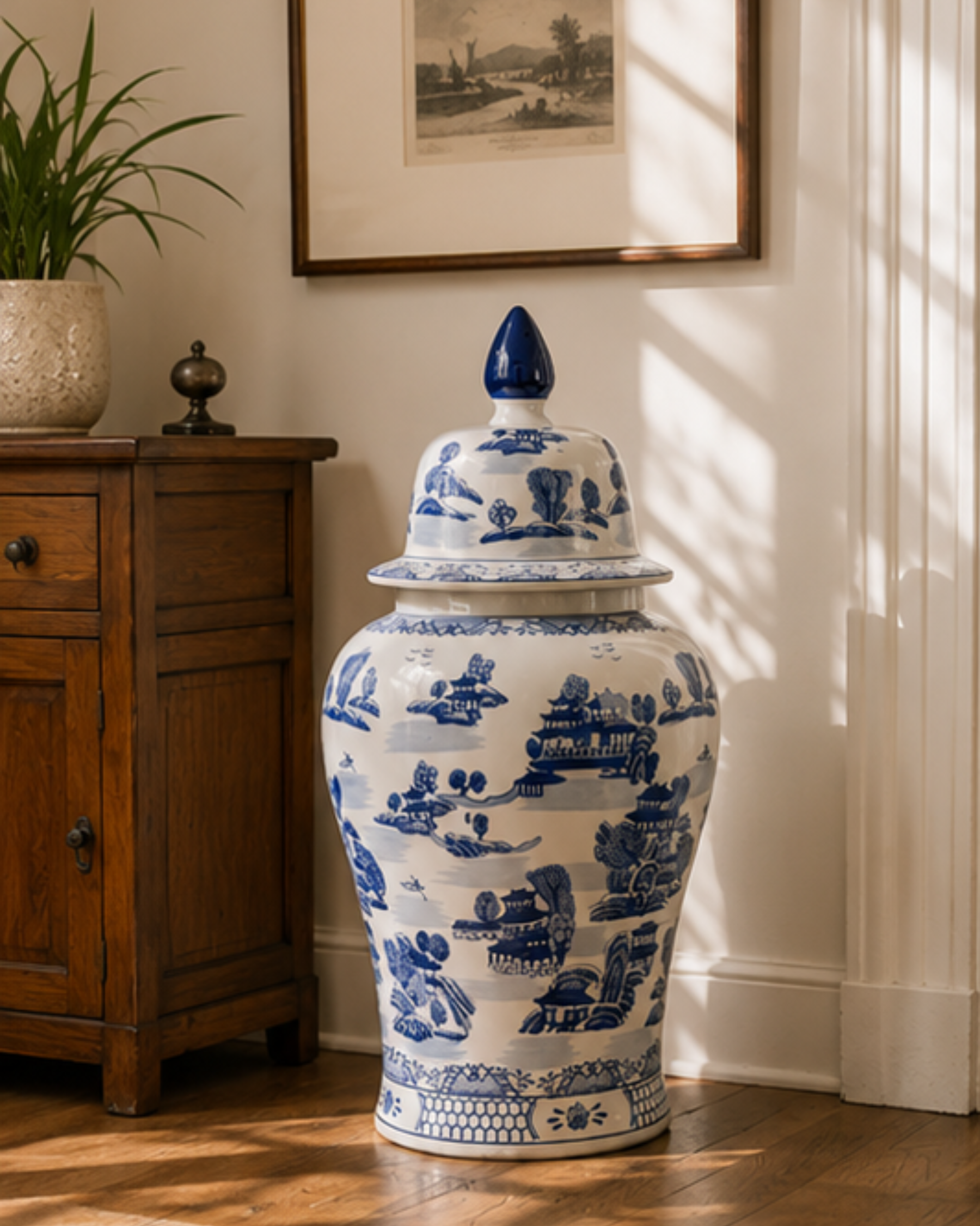 Blue Imperial Landscape Temple Jar - 82 Cm 