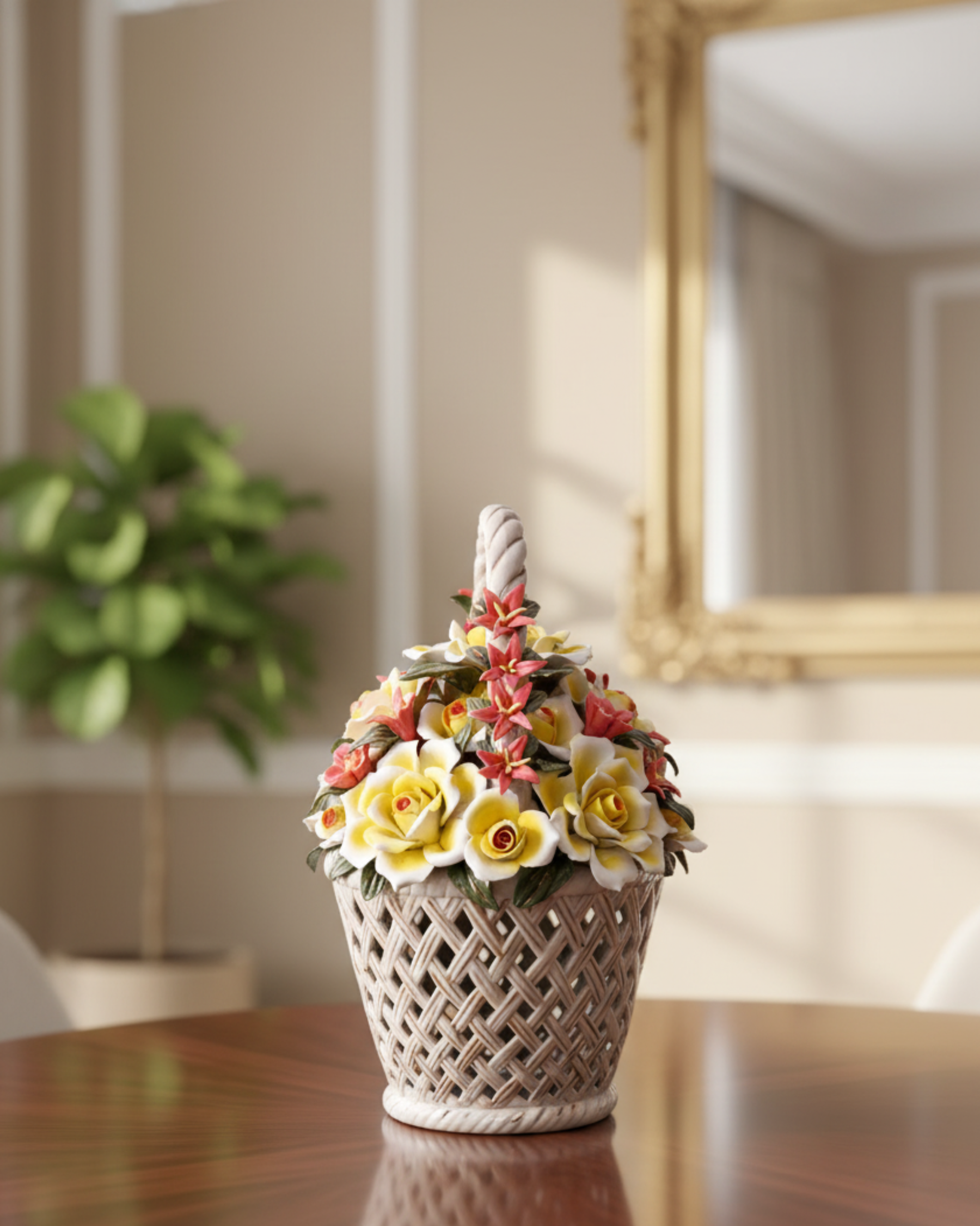 Porcelain Flower Basket Tabletop Decor 