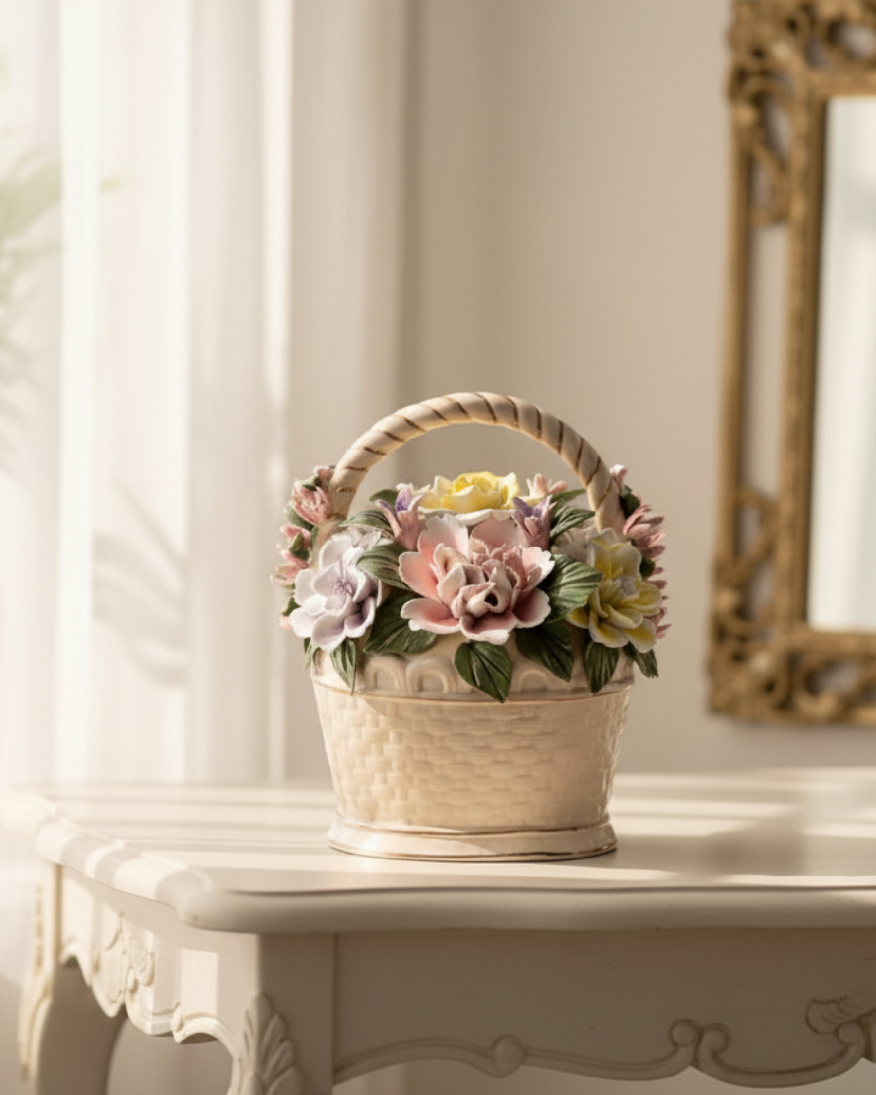 Porcelain Flower Basket Tabletop Decor 