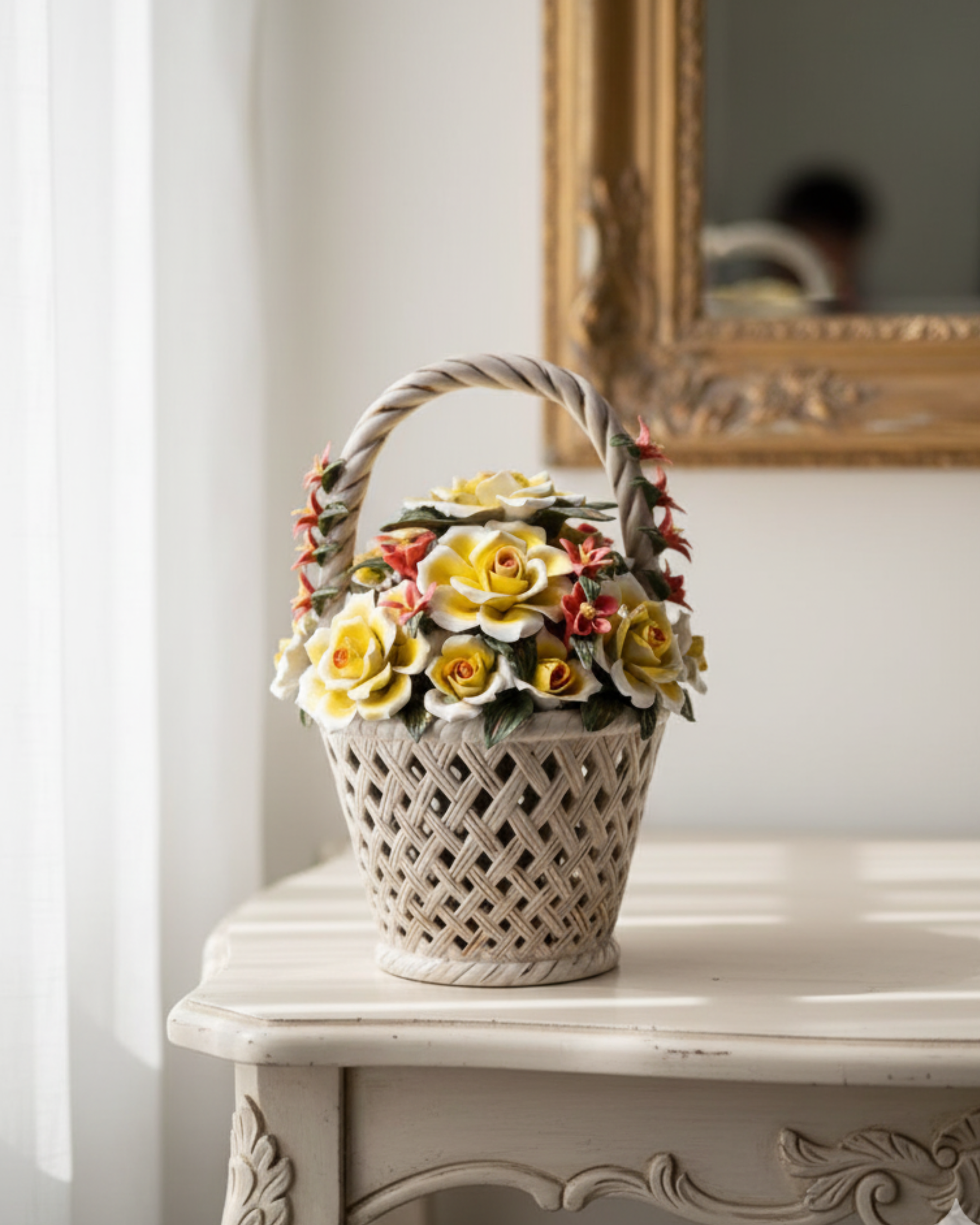 Porcelain Flower Basket Tabletop Decor 