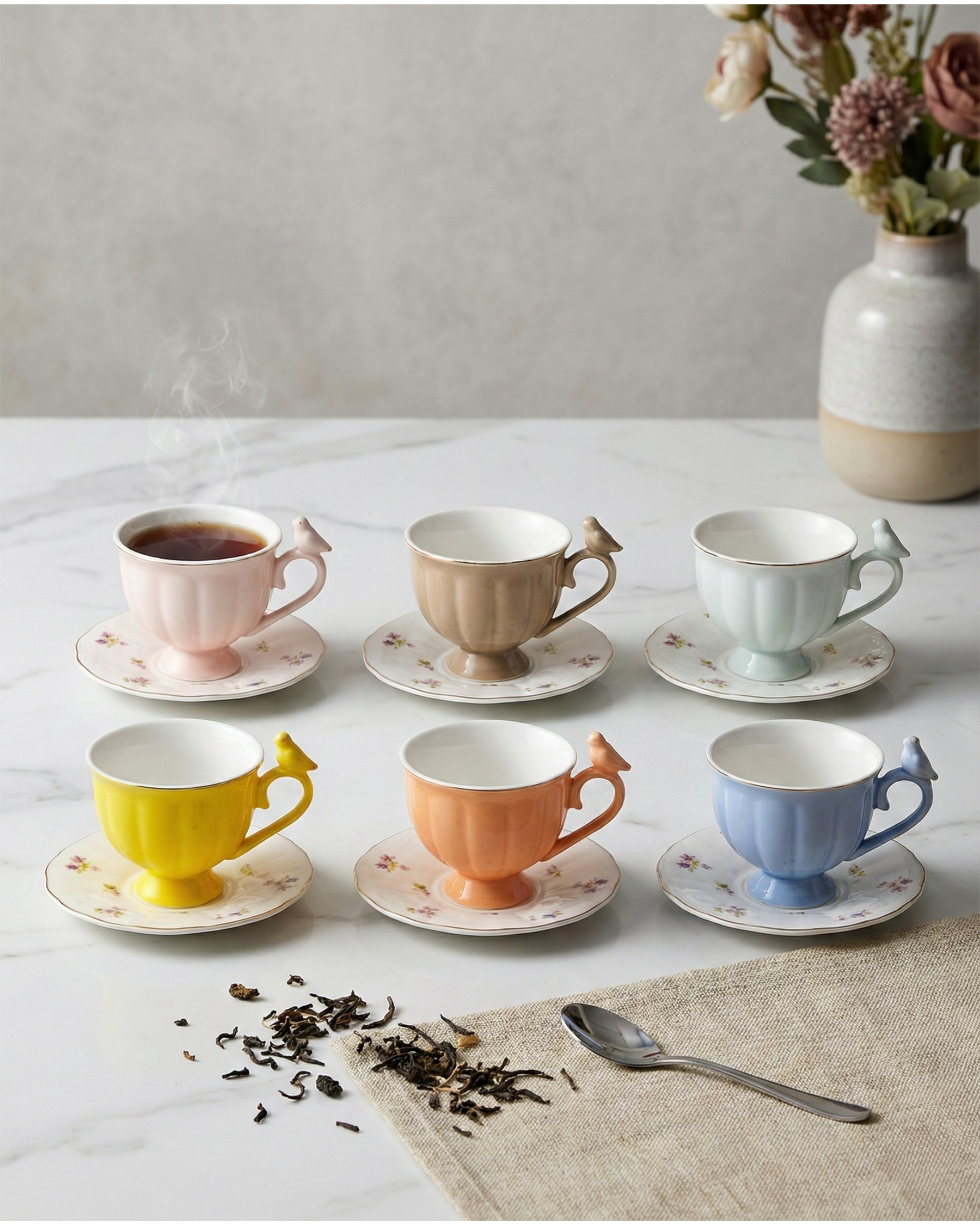 Colorful Sparrow Charm Tea Cup With Saucer - Set Of 6 