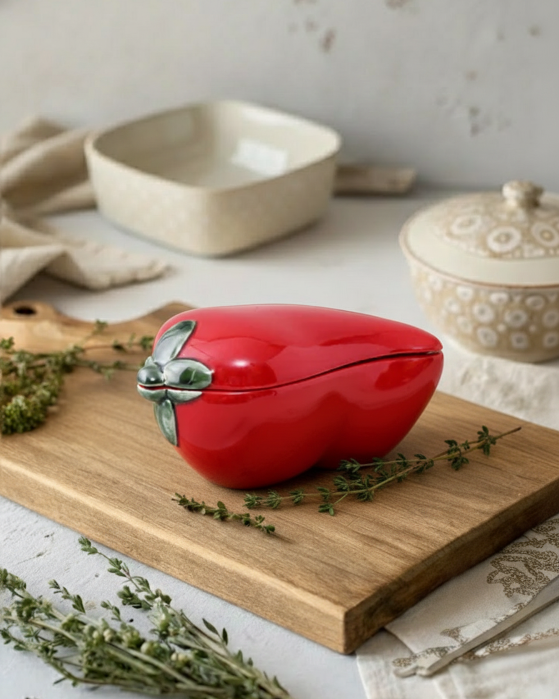 Red Bell Pepper Ceramic Bowl with Lid 