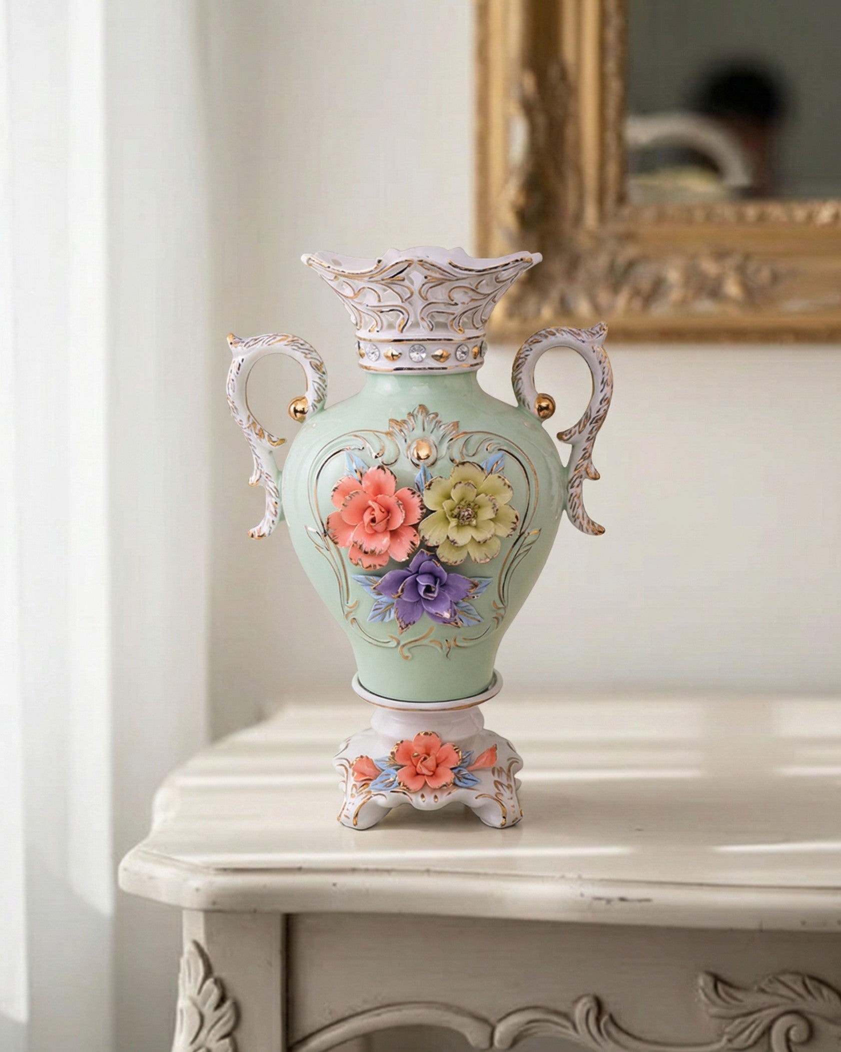 Vintage Floral Porcelain Vase with Handles - Sky Blue 