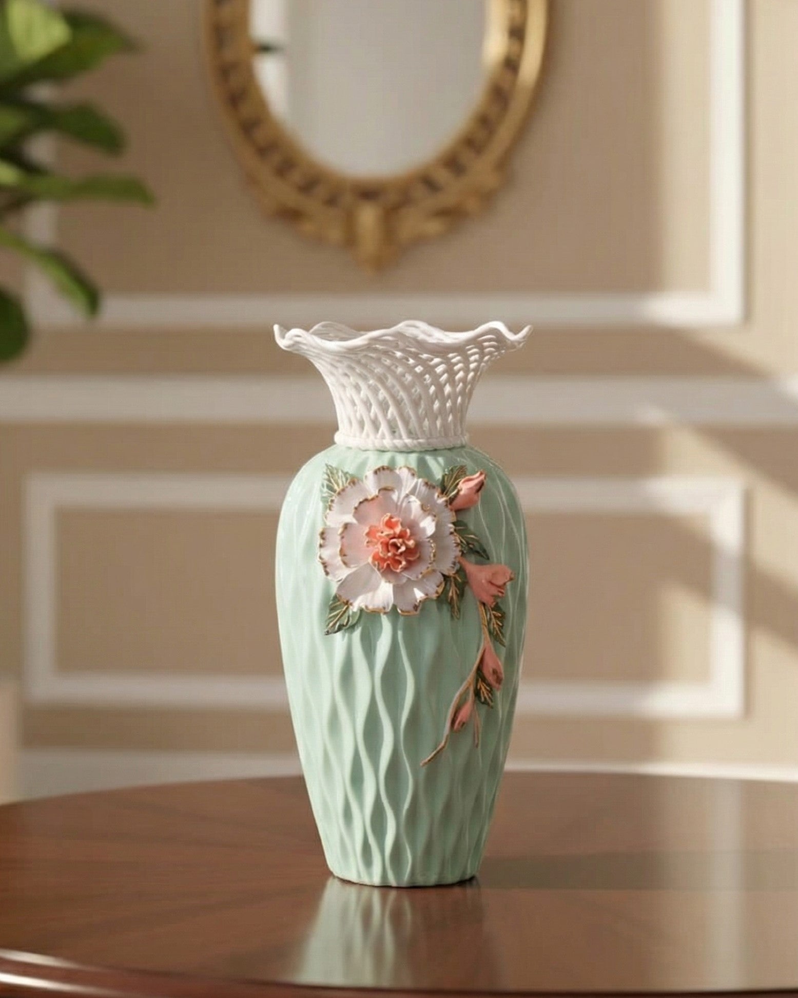 Lattice Rim Porcelain Vase - Green 