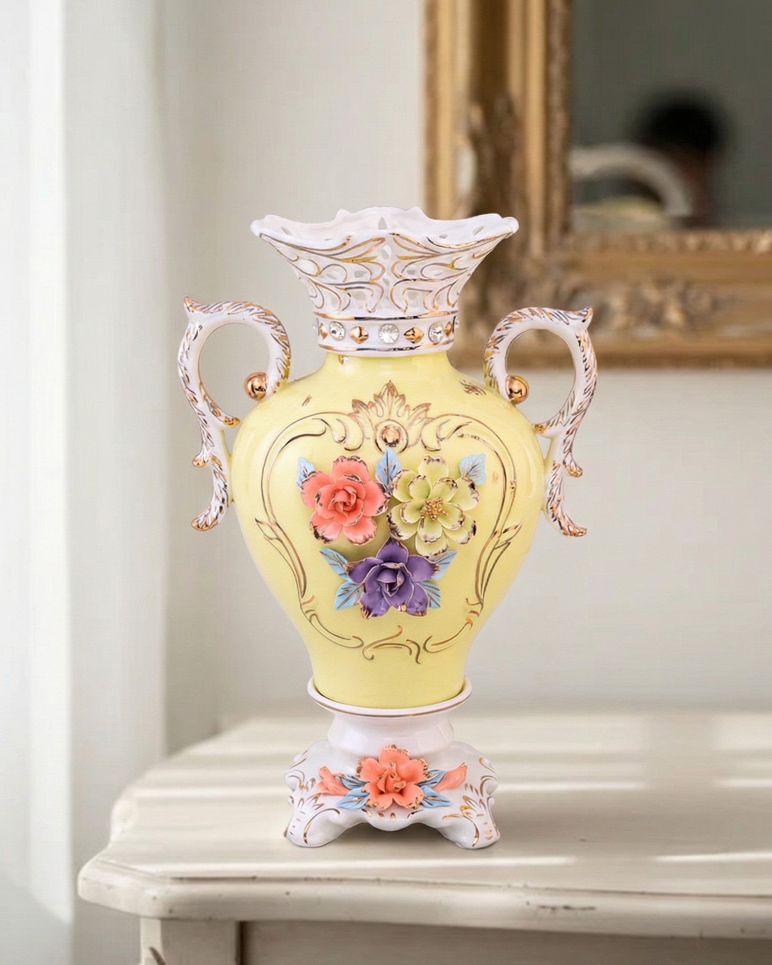 Vintage Floral Porcelain Vase with Handles - Yellow 