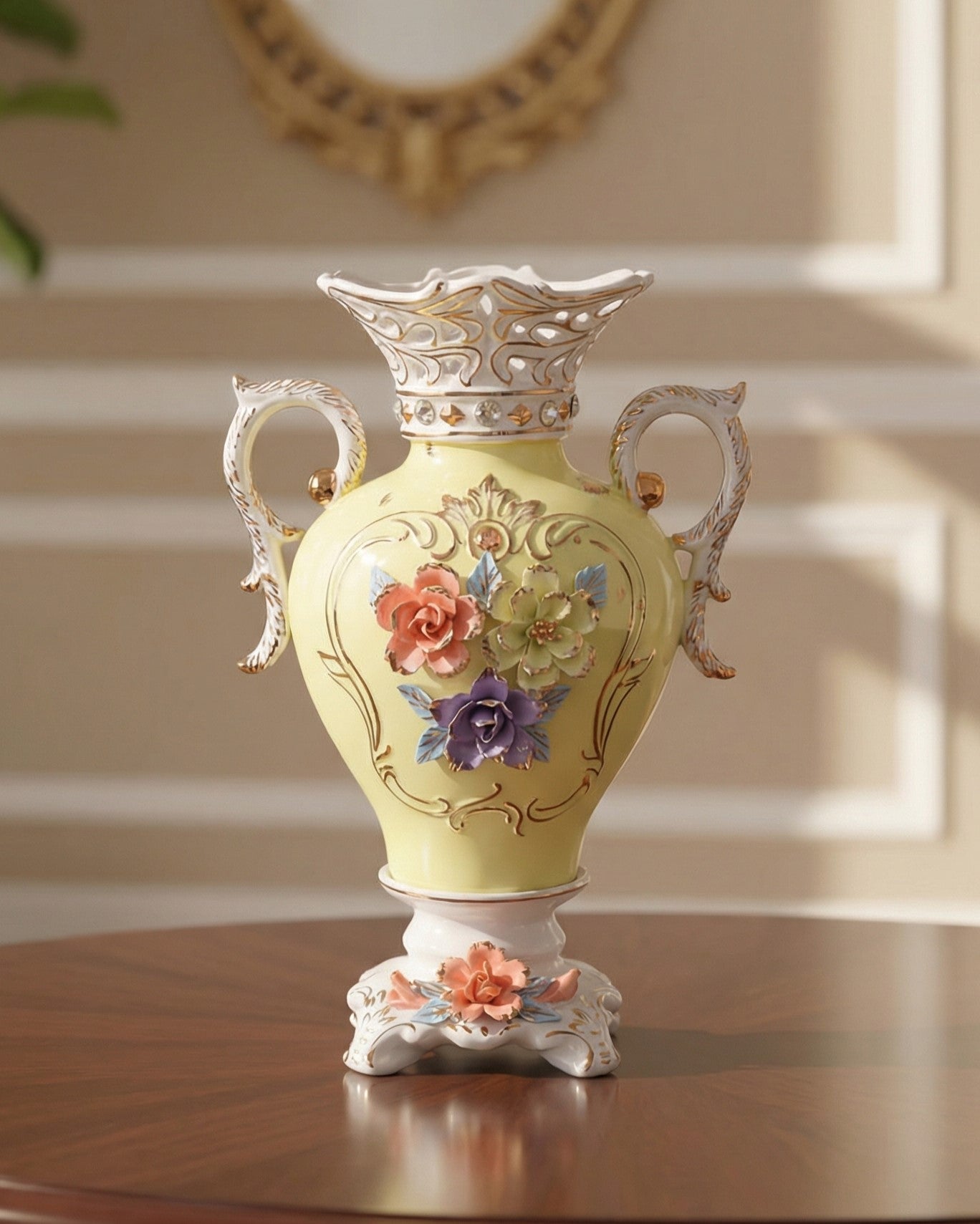 Vintage Floral Porcelain Vase with Handles - Yellow 