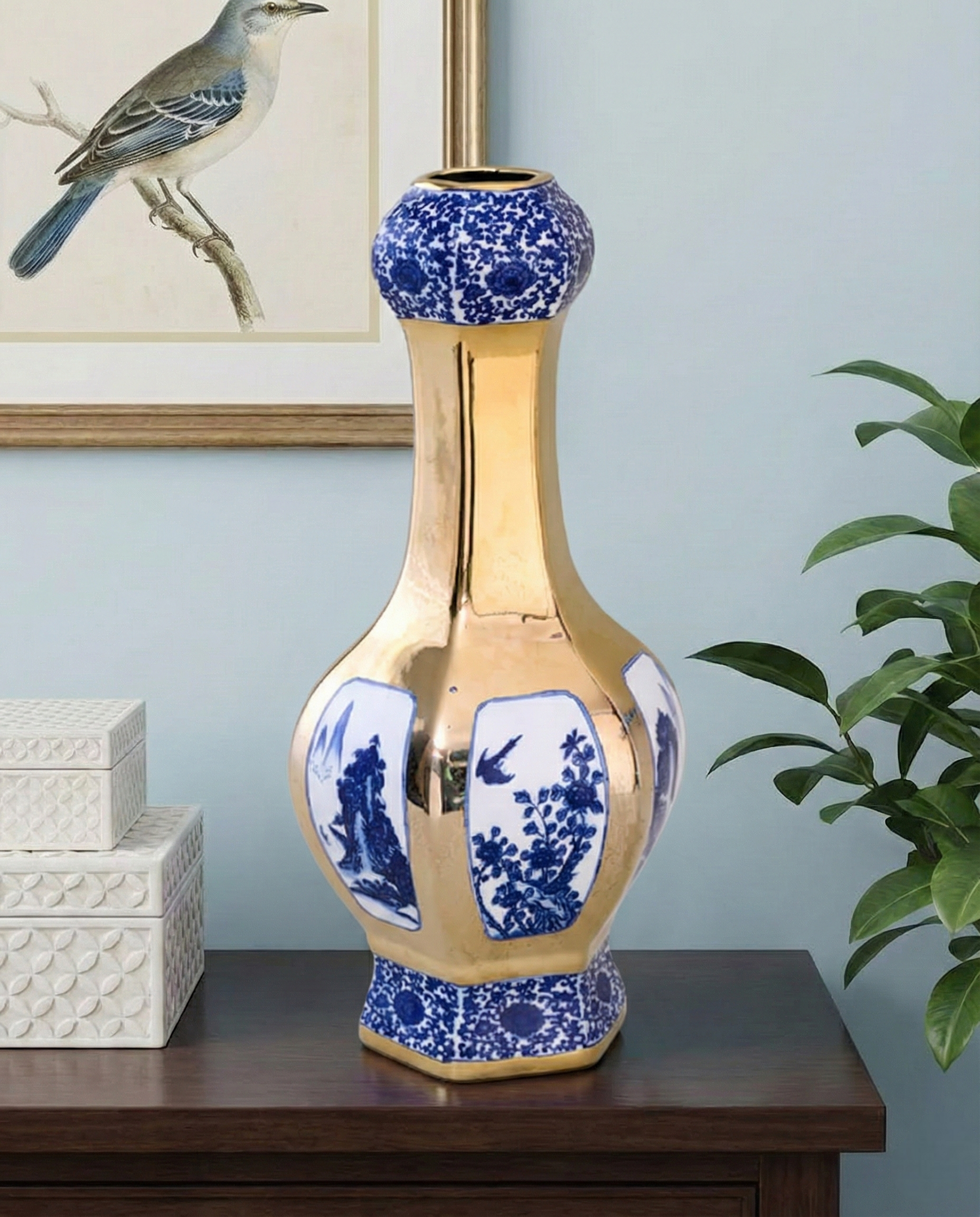 Swallowtail Long Neck Golden Trim Porcelain Vase 