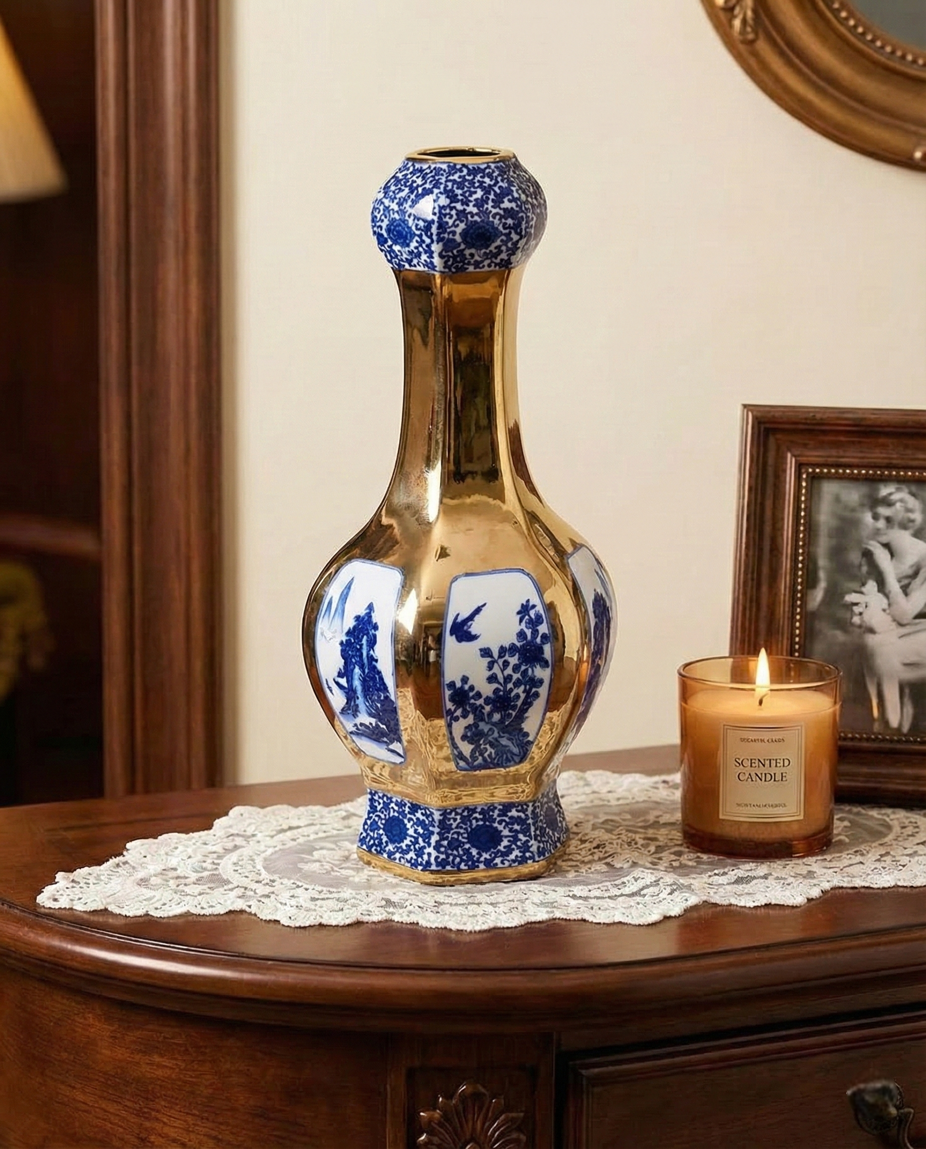 Swallowtail Long Neck Golden Trim Porcelain Vase 