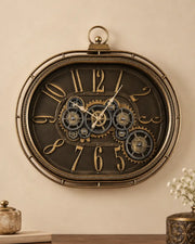 Vintage Brasswork Oval Gear Clock - Gold