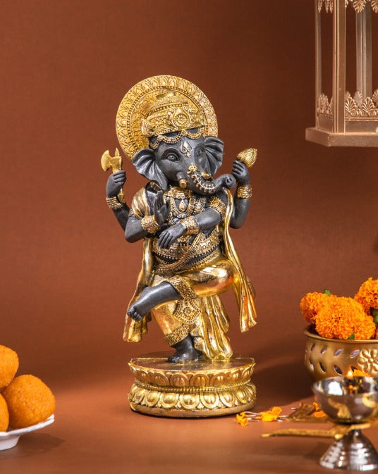Lord Ganesh Standing on One Leg - Black & Gold 