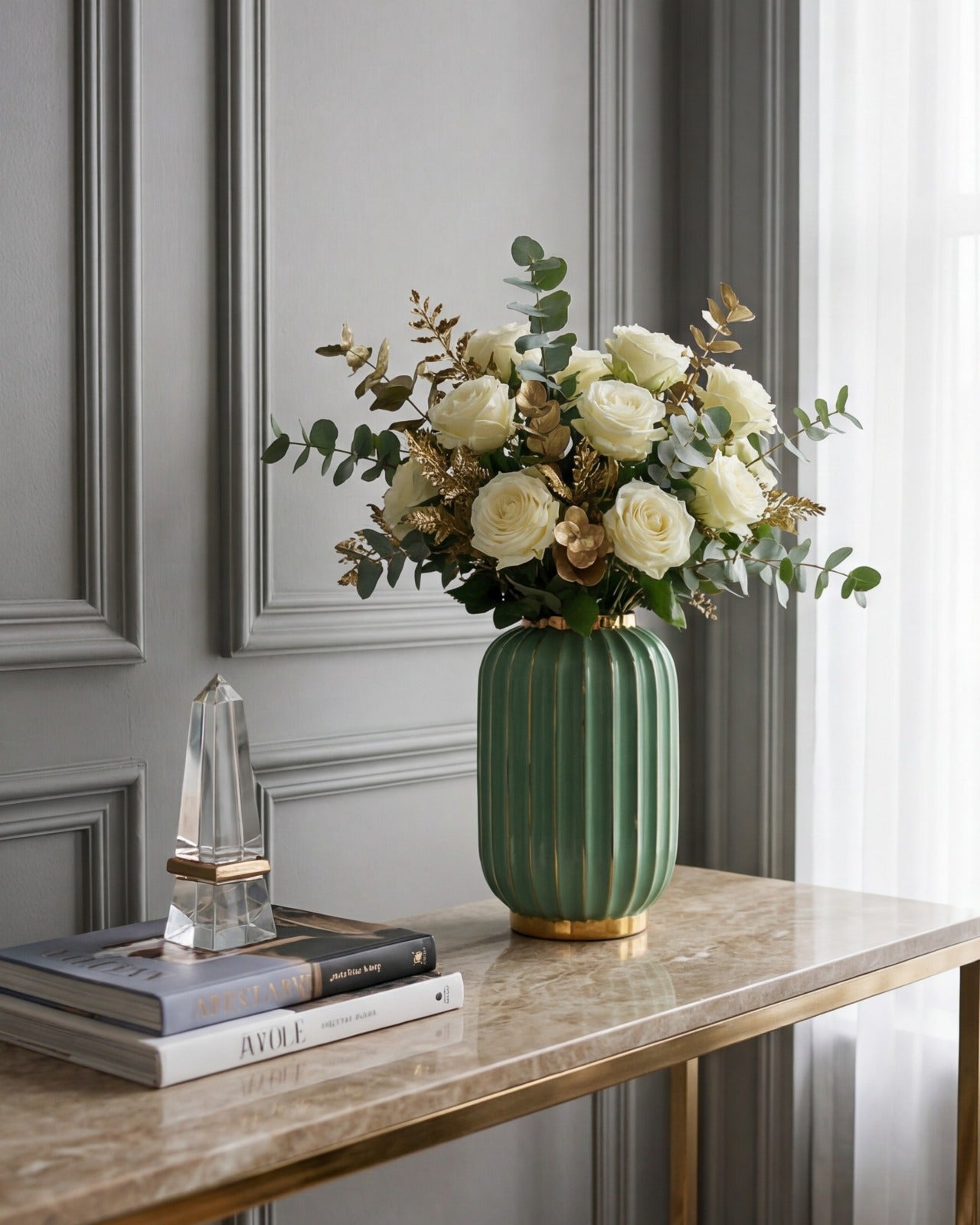 Ivory Ribbed Flower Vase - Green 