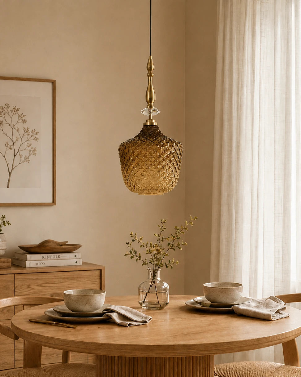 Amber Quilted Glass & Brushed Brass Pendant Light