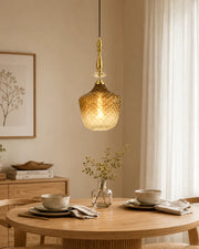 Amber Quilted Glass & Brushed Brass Pendant Light