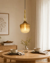 Amber Quilted Glass & Brushed Brass Pendant Light 