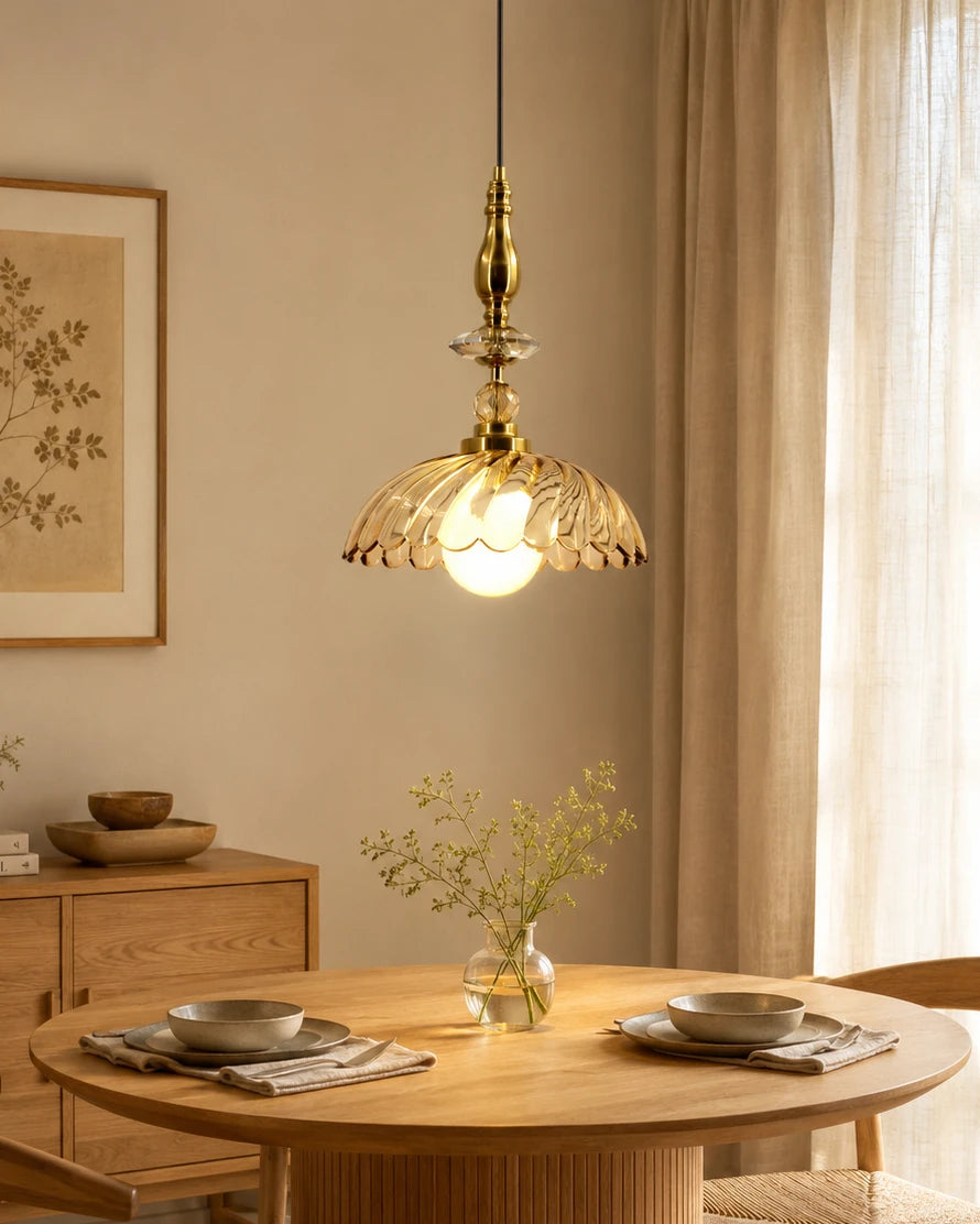 Scalloped Glass Pendant Light - Amber 