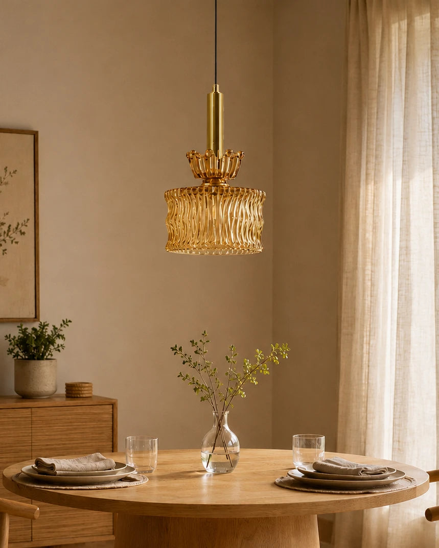 Fluted Cylindrical Glass Pendant Light - Amber