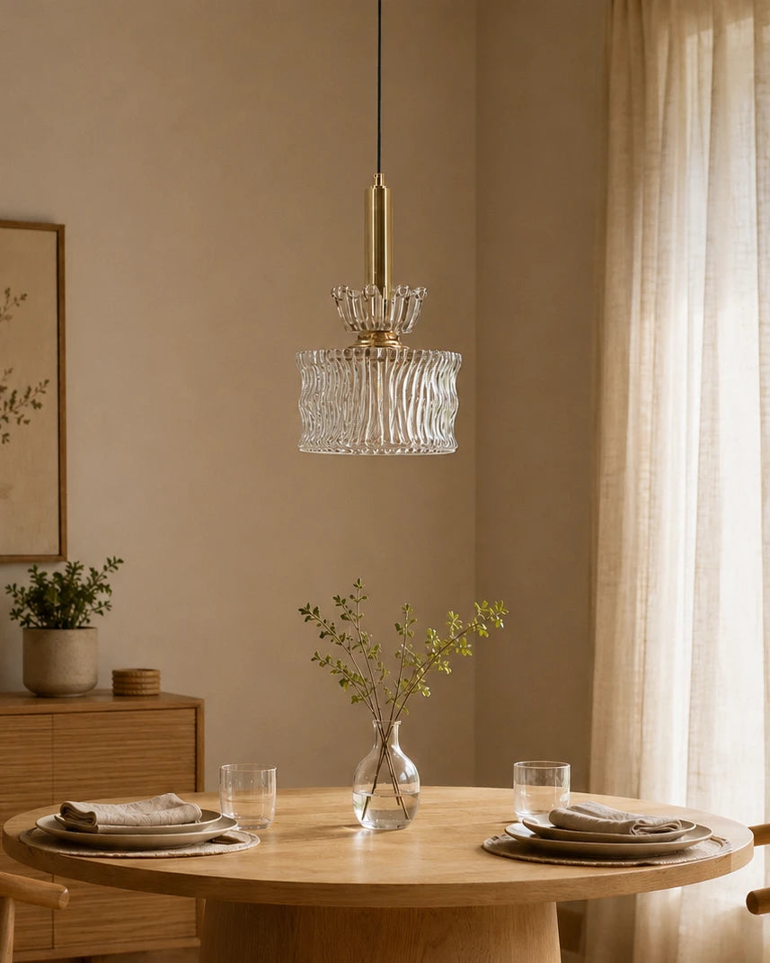 Fluted Cylindrical Glass Pendant Light - Smoke