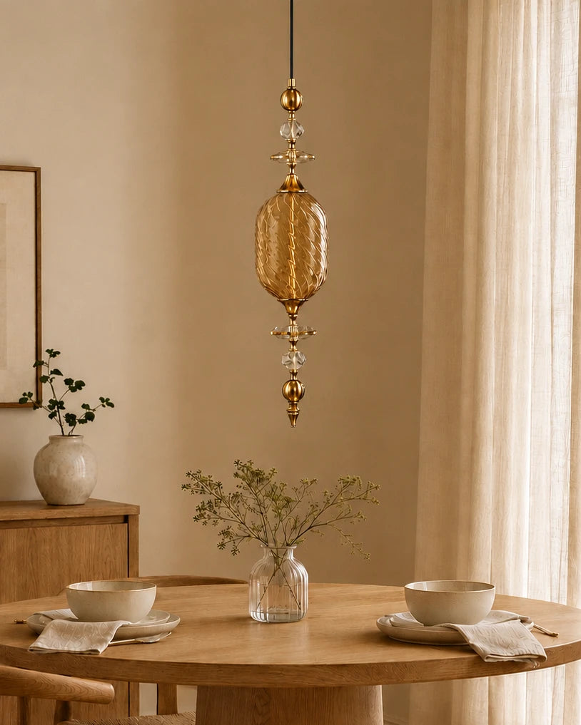 Capsule Shaped Glass & Brass Pendant Light - Amber