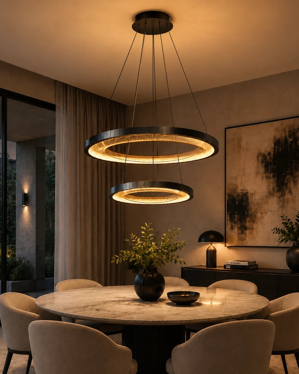 The Eclipse Dual-Tier Architectural Ring LED Linear Chandelier 