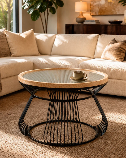 Eclipse Ribbed Glass Top Wire Frame Coffee Table