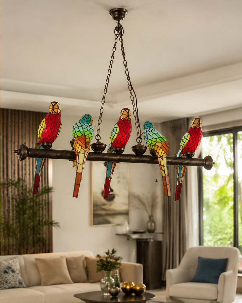 Colorful Parrot Aviary Tiffany Chandelier
