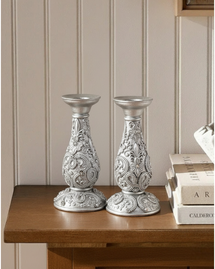 Silver Ornate Floral Candle Stand - Large 