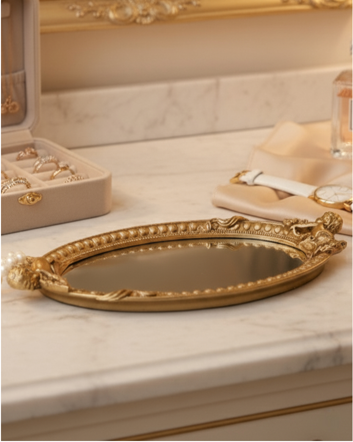 Golden Cherub Mirror Vanity Tray 