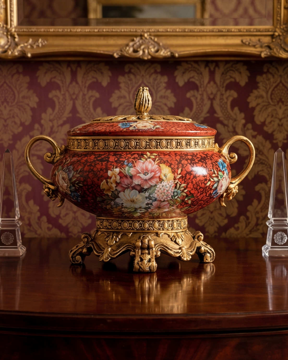 Crimson Blossom Heritage Decorative Bowl With Lid