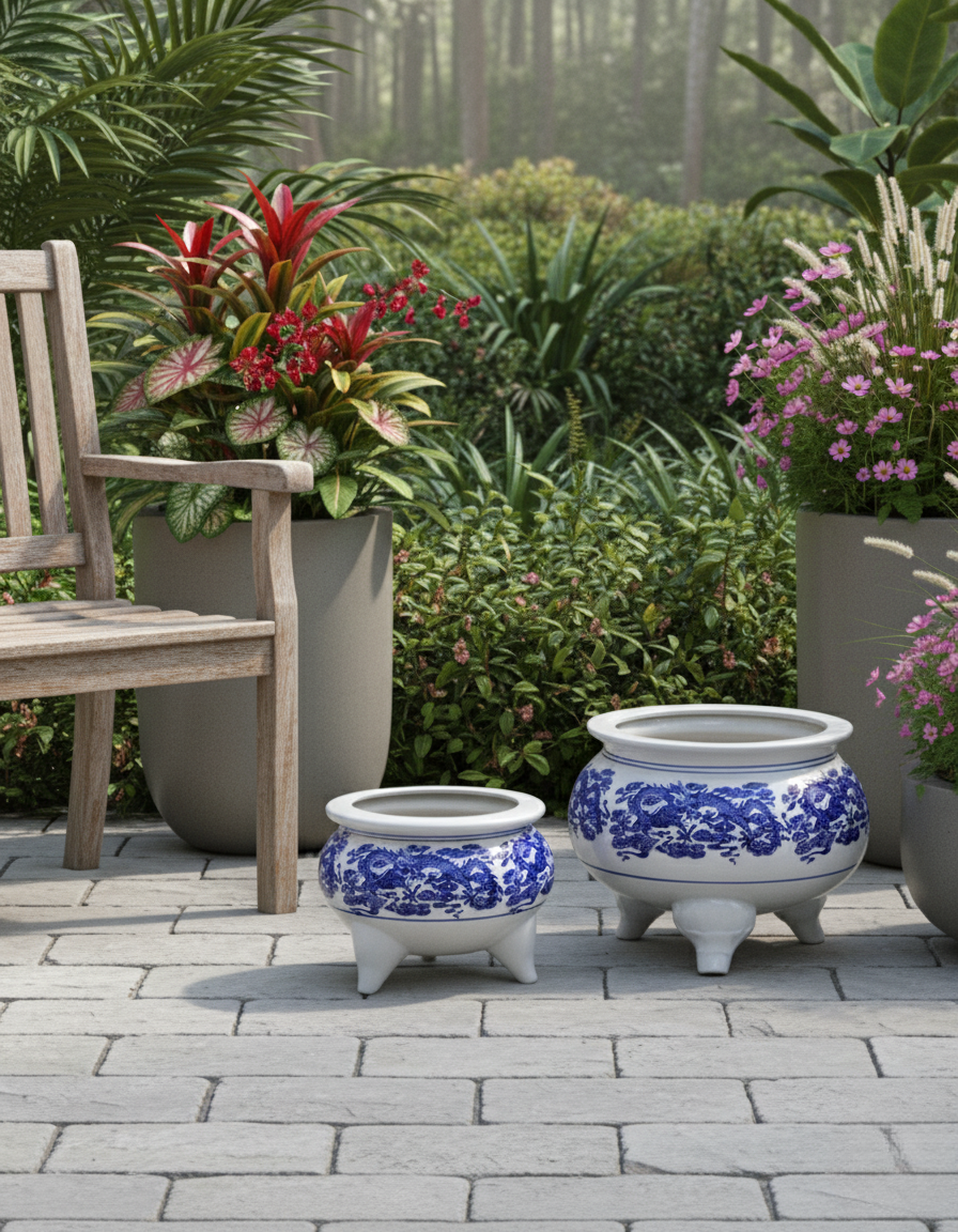 Blue & White Dragon Motif Tripod Planter - 16"