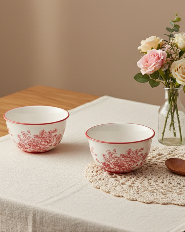 Red Floral Ceramic Katori - Set Of 2