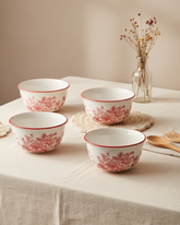 Red Floral Ceramic Katori - Set Of 4 